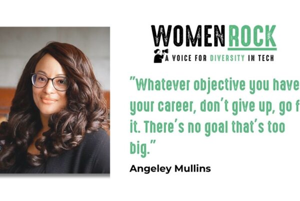 Angeley Mullins, podcast guest, next to the Women Rock logo and her quote about having no goal too big.