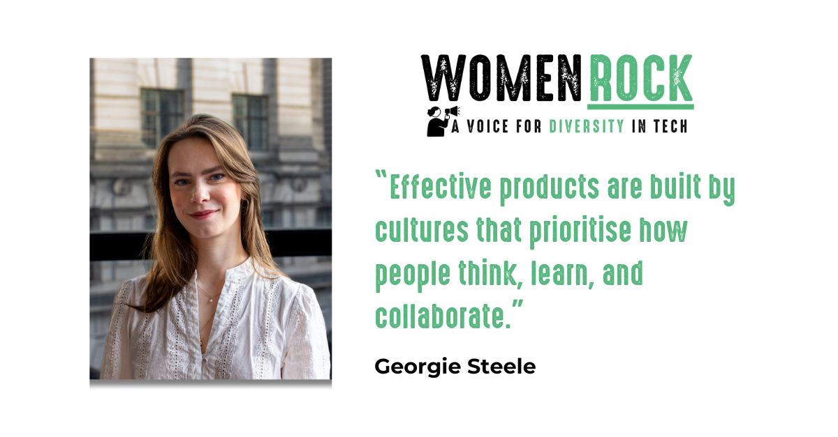 Georgie Steele's 'Women Rock' blog cover: her headshot, 'Women Rock: A Voice for Diversity in Tech' logo, and quote 'Most of my colleagues had never worked with a woman before'