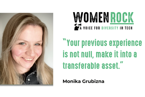Headshot of Monika Grubizna smiling, next to the Women Rock logo and the quote: "Your previous experience is not null, make it into a transferable asset."