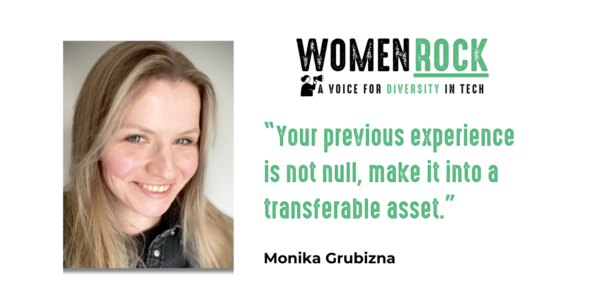 Headshot of Monika Grubizna smiling, next to the Women Rock logo and the quote: "Your previous experience is not null, make it into a transferable asset."